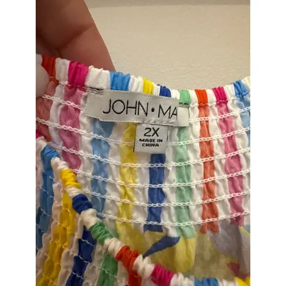 John Mark Abstract Wave Smocked Round Neck 3/4 Bell Sleeve Ruffled Tunic Sz 2X - Picture 4 of 6